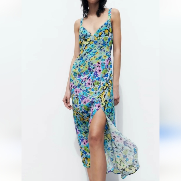 Zara | Dresses | Zara Floral Blue And Green Dress | Poshmark